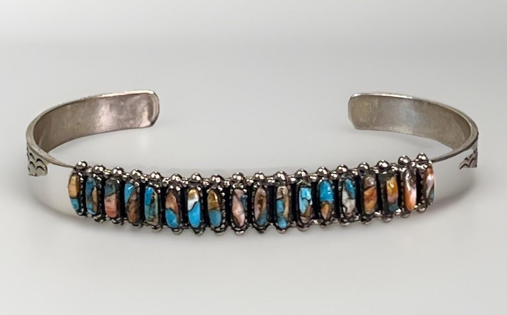 Southwest Composite Pink Spiny Oyster Turquoise Sterling Silver Stone Cuff 7”